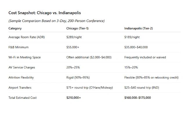 Planners regularly see 15-25% total cost savings when moving mid-sized conferences from a Tier - 1 to a Tier-2 city.