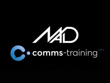 Logo of MAD comms-training with a blue chat bubble icon on a black background.
