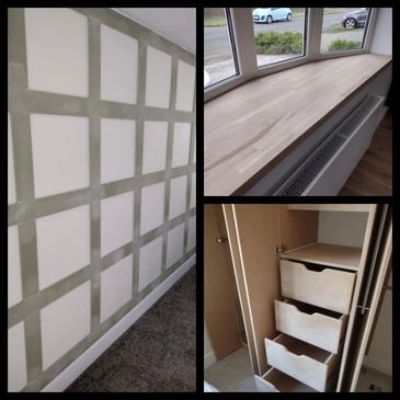 wall panelling, wainscoting, custom drawer units, oak cladding window sill