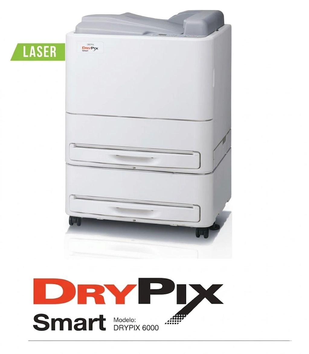 A white DryPix Smart laser printer model DRYPIX 6000 on wheels.