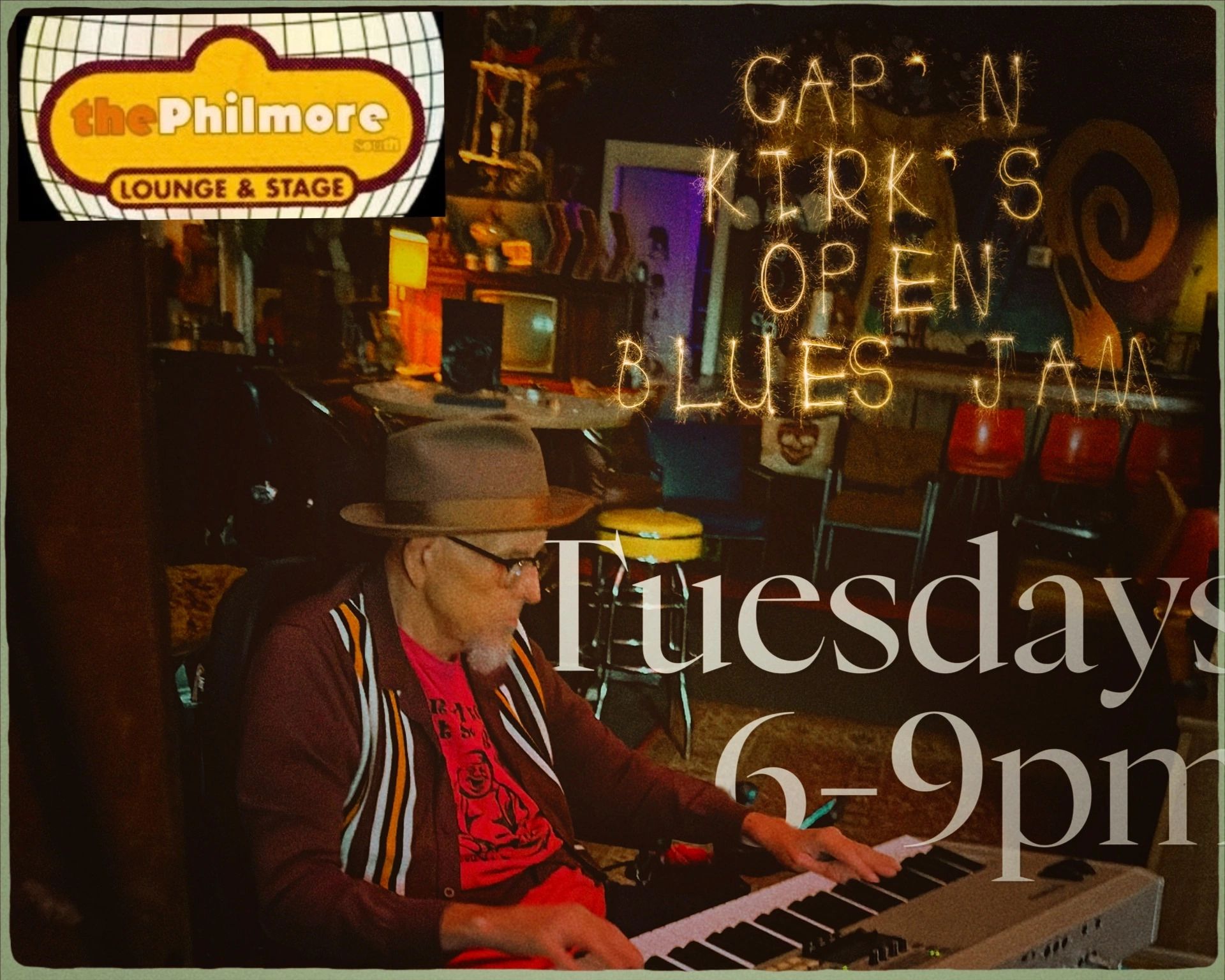 Man playing keyboard at The Philmore Lounge &amp; Stage for a blues jam night.