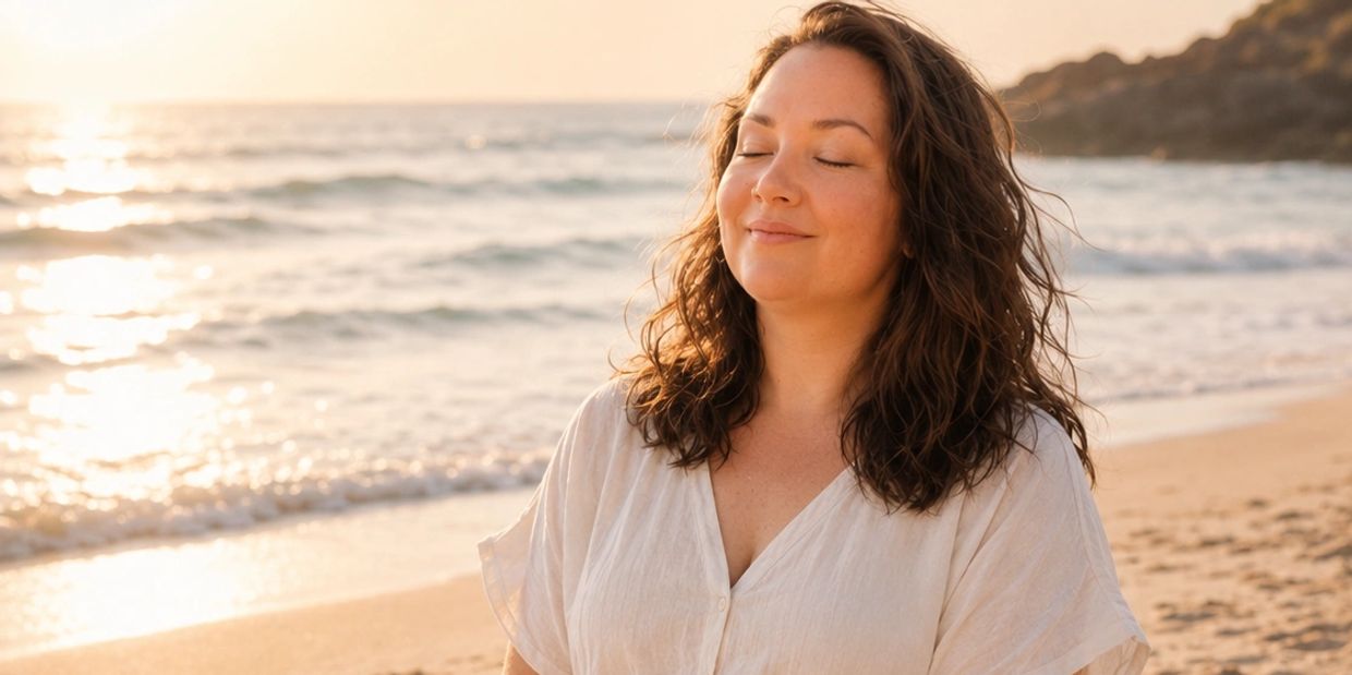A woman enjoys a peaceful moment on a sunny beach with her eyes closed.
