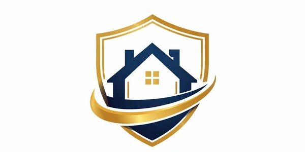 A shield emblem with a house and golden swoosh around it.