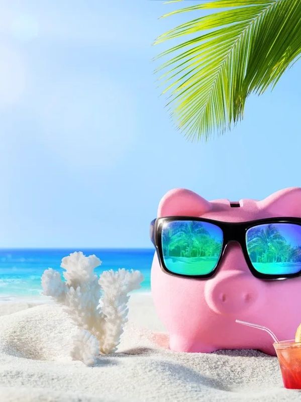 Piggy bank with sunglasses on a sunny beach next to coral and a drink.