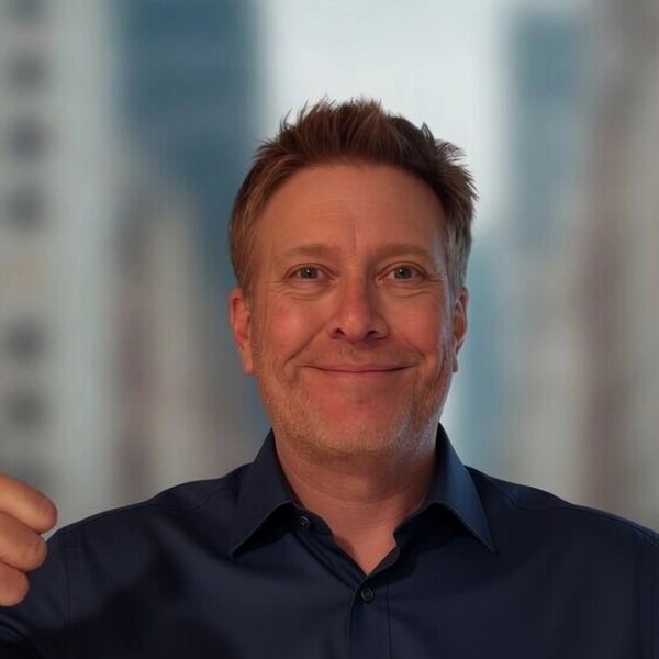 Smiling man in navy blue shirt giving thumbs up in an urban setting.