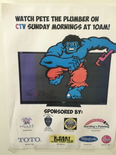Vintage poster for Pete the Plumber on CTV, Sunday 10AM.