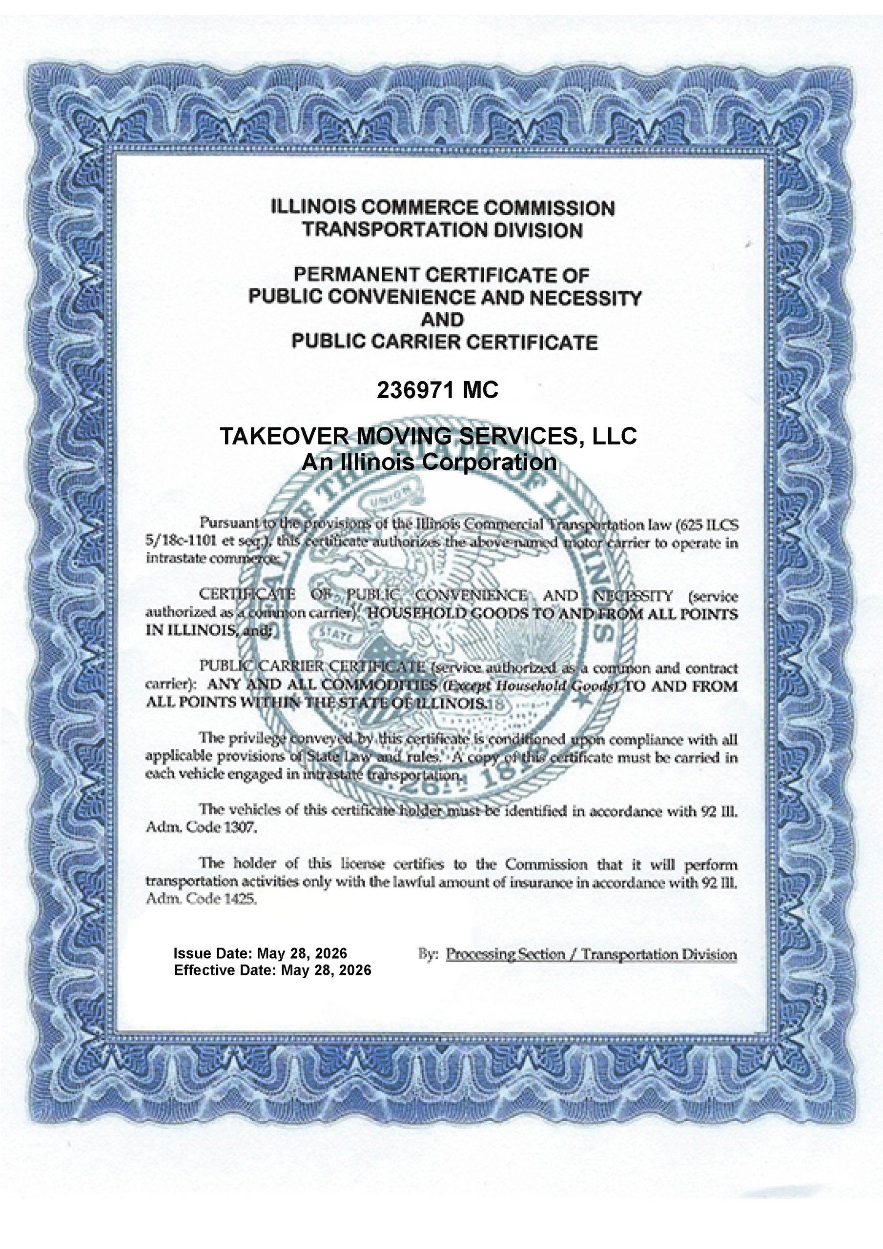 Illinois Commerce Commission certificate for Takeover Moving Services, LLC.