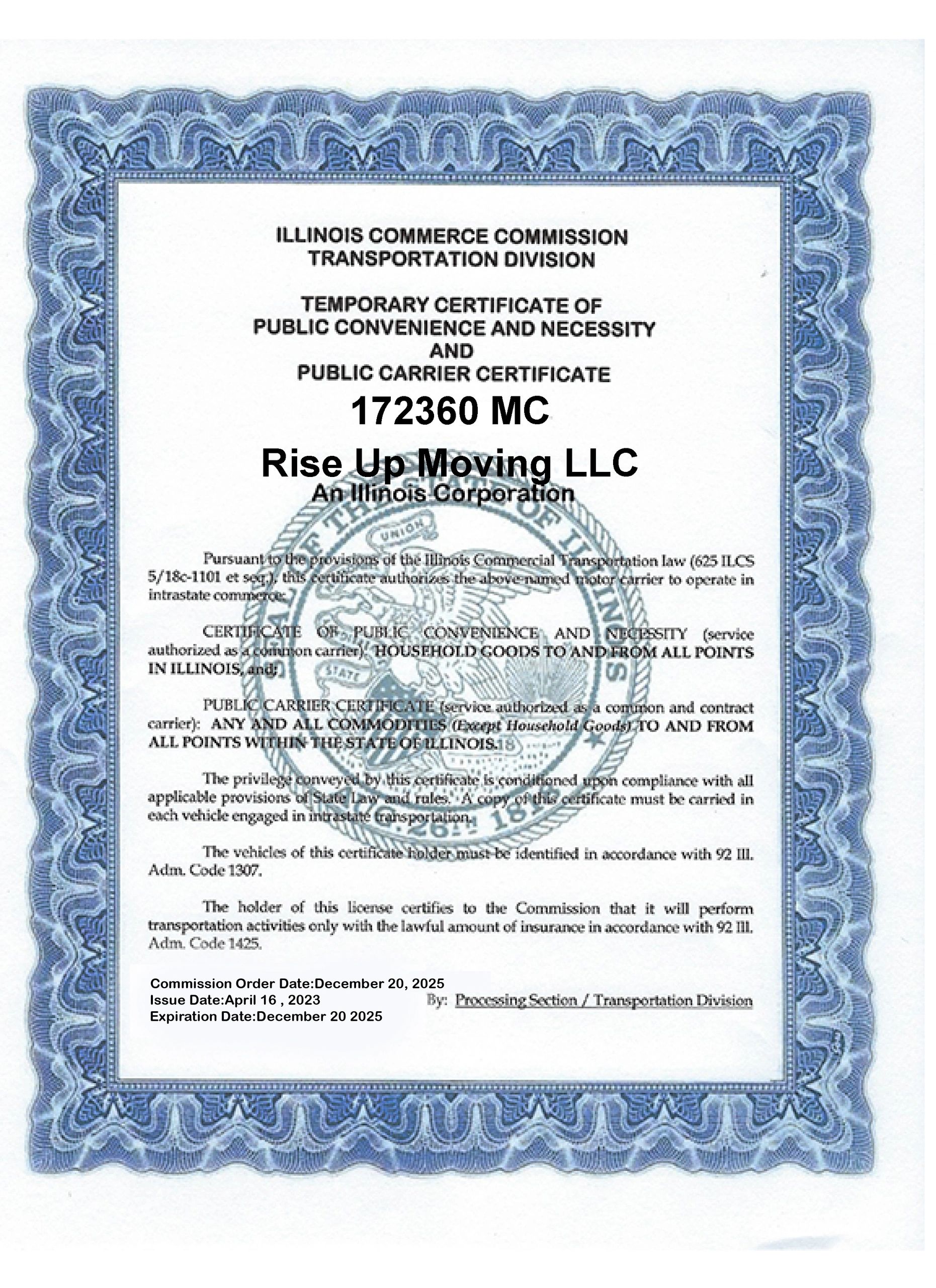 Illinois Commerce Commission certificate for Rise Up Moving LLC with expiration in 2025.