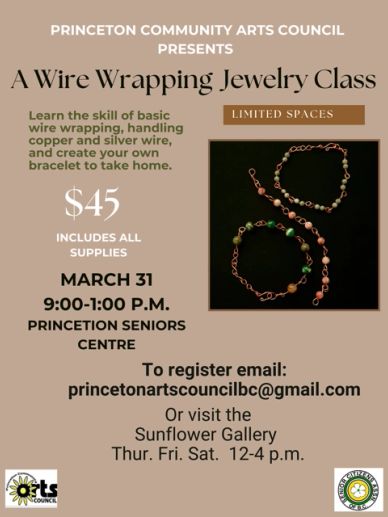 Flyer for a wire wrapping jewelry class at Princeton Seniors Centre.