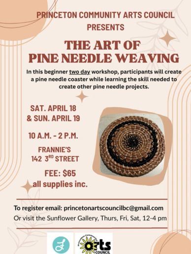 Workshop flyer for Pine Needle Weaving art class in Princeton.