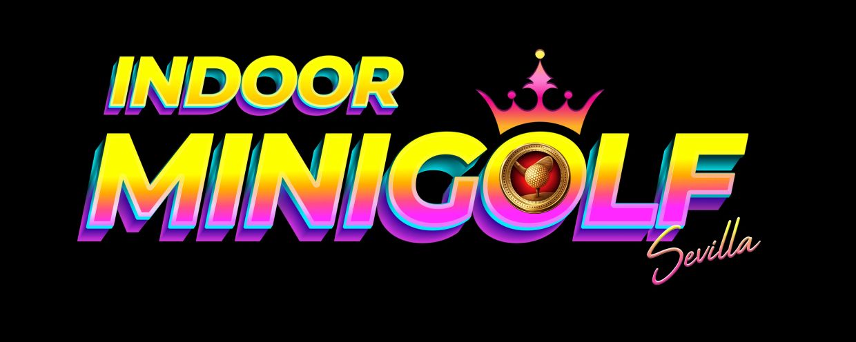 Vibrant logo for Indoor Minigolf Sevilla with colorful gradient text and golf ball icon.