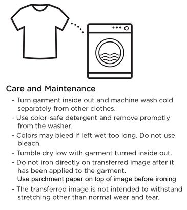 Instructions for washing and caring for garments with transferred images.