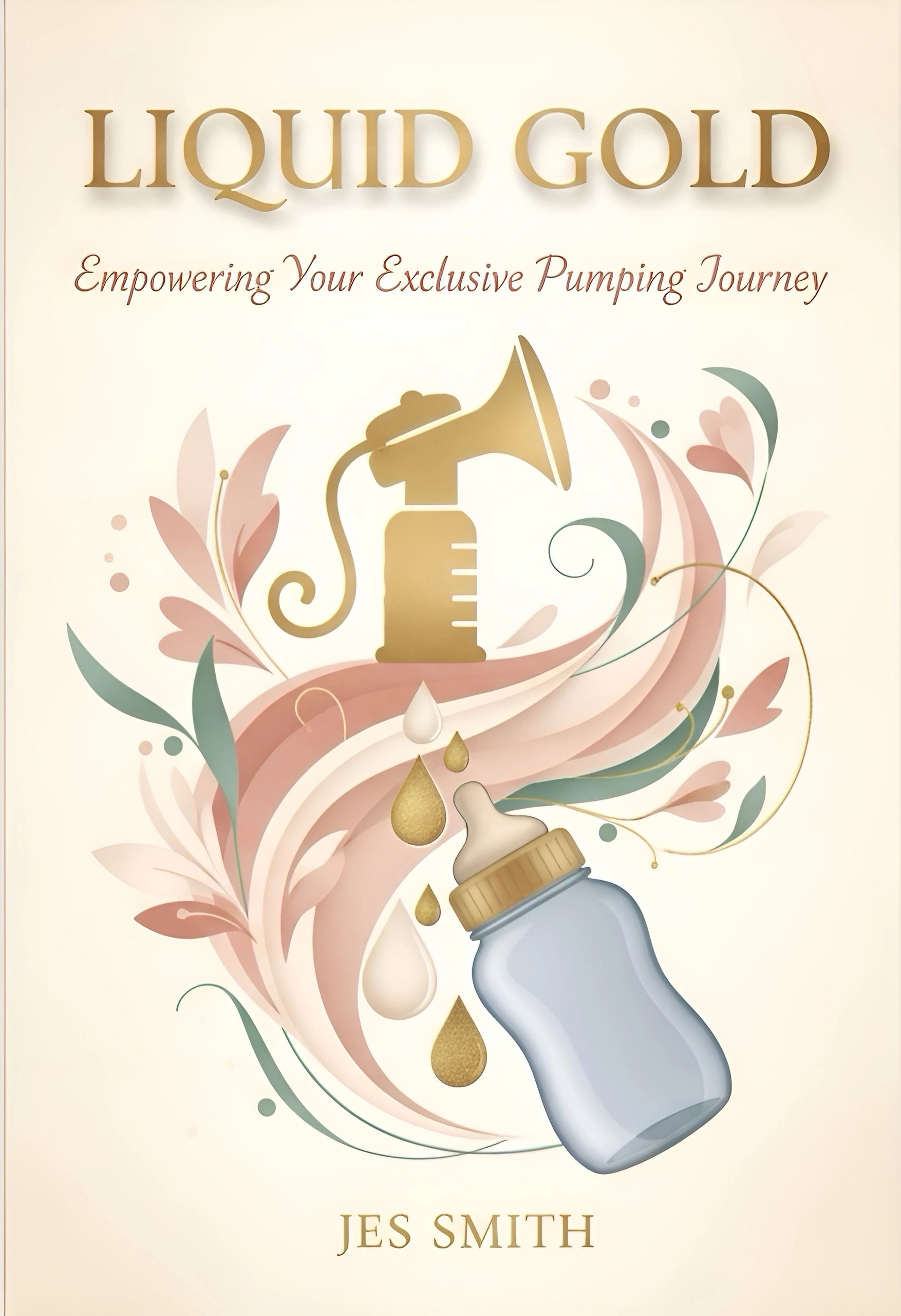 Elegant book cover for "Liquid Gold" featuring a breast pump and baby bottle with floral accents.