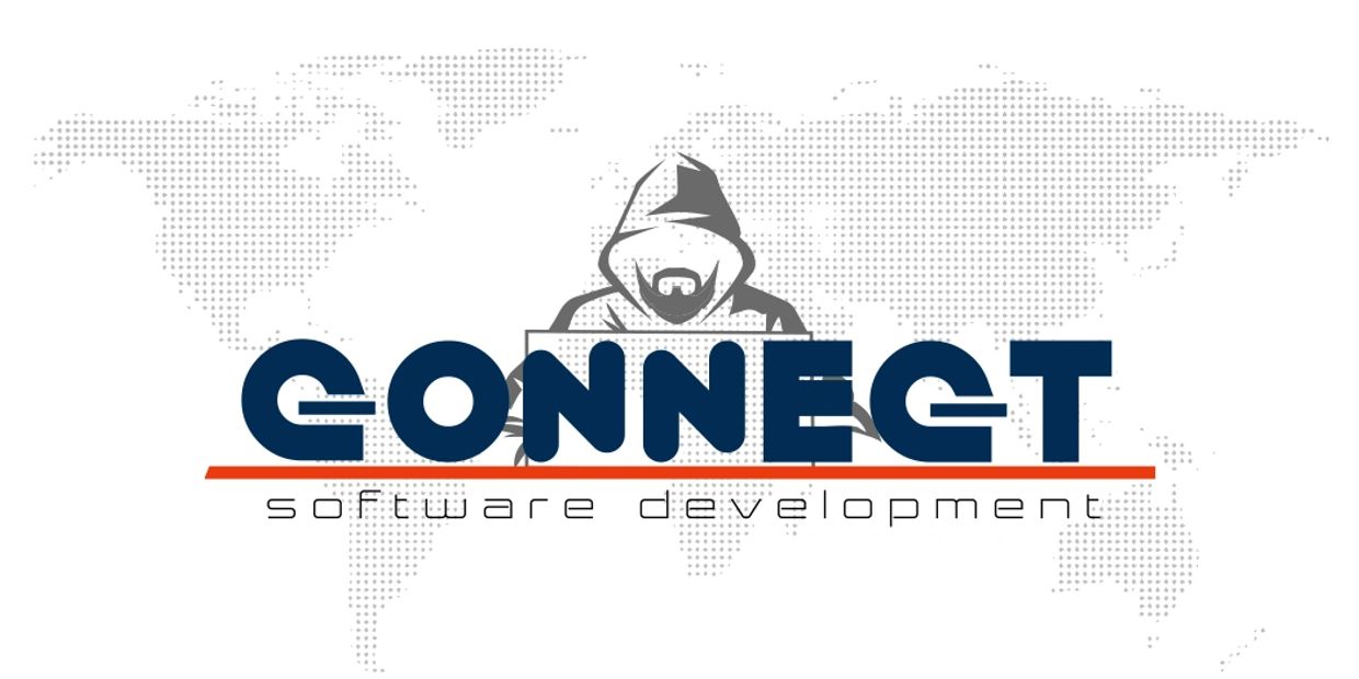 Logo for Connect Software Development with a hooded figure and world map.