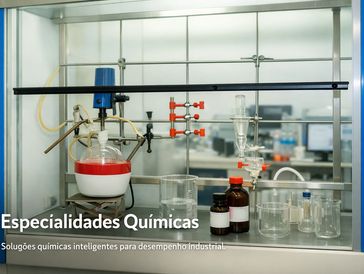 Laboratory glassware and chemicals set up for industrial chemical research.