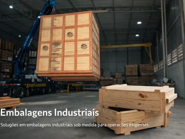 Grande embalagem de madeira sendo içada em depósito industrial.