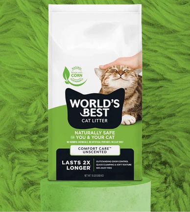 Bag of World's Best Cat Litter with a cat being petted on green background.