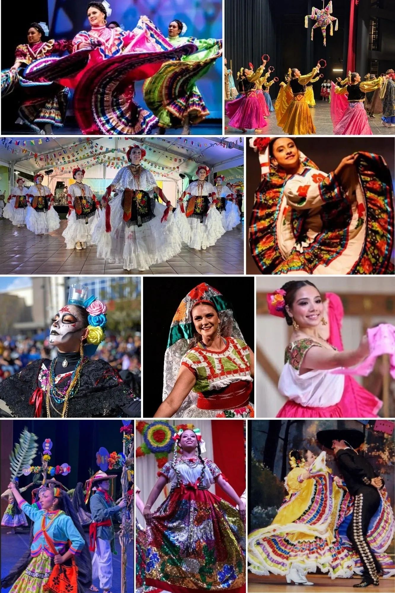 Colorful Mexican folkloric dancers in traditional costumes performing on stage.