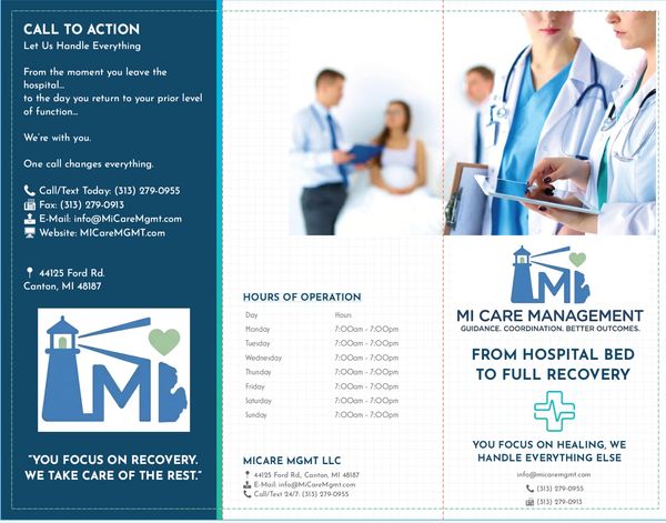 Brochure for MI Care Management offering hospital to full recovery support.