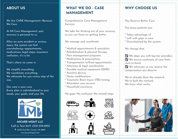 Informative brochure about MI Care Management's case management and patient services.