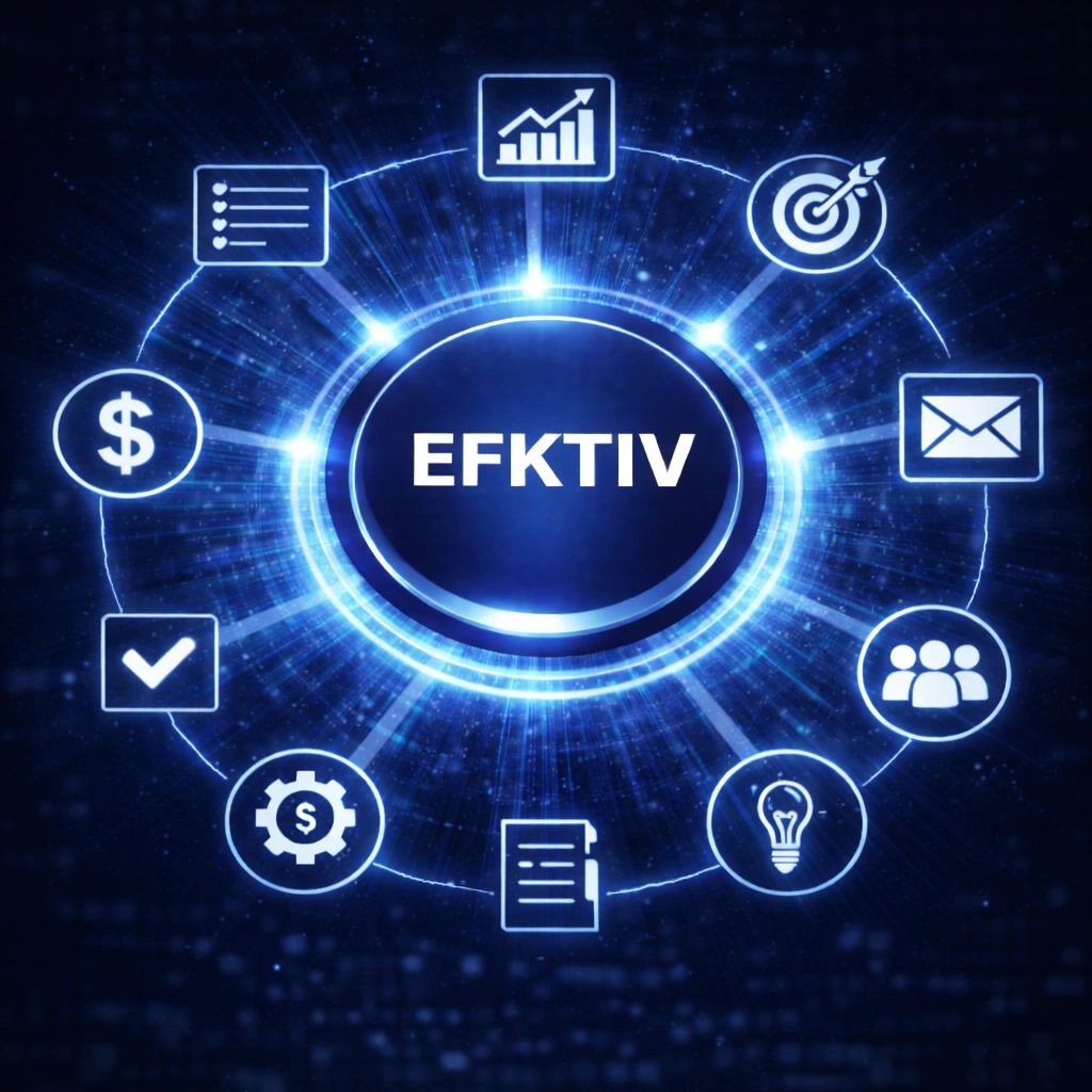An image of the word EFKTIV with graphic business department images all pointing toward EFKTIV.
