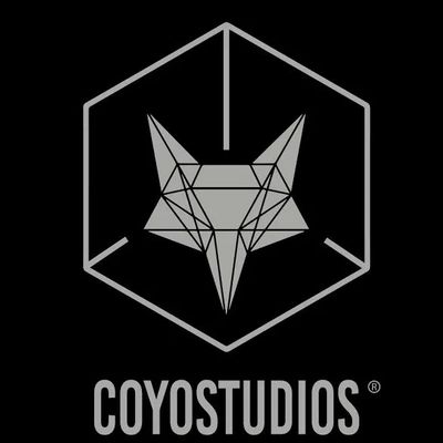 Geometric fox logo with COYOSTUDIOS text on black background.