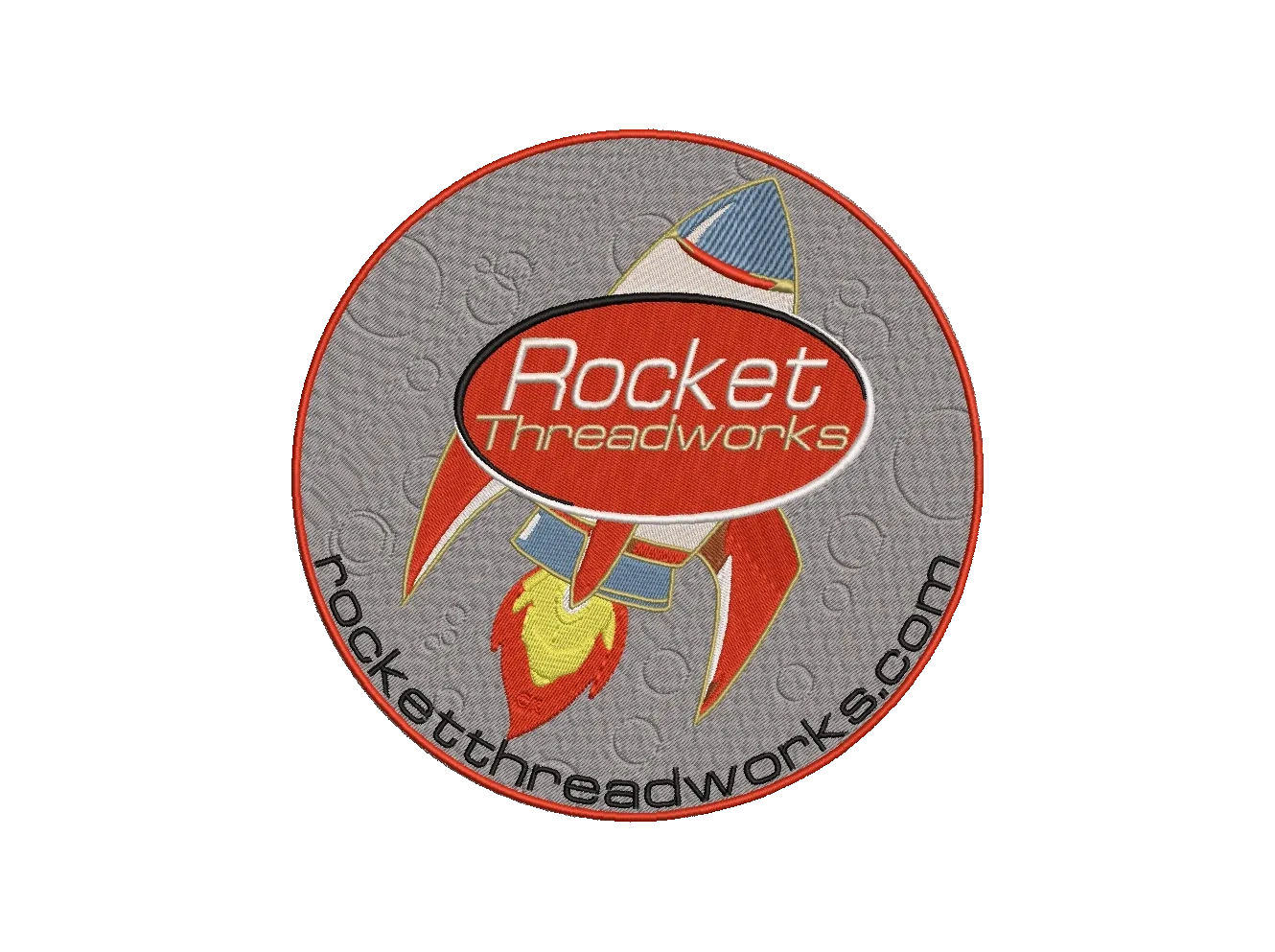 Rocket in flight with superimposed company name over a cratered moonscape.