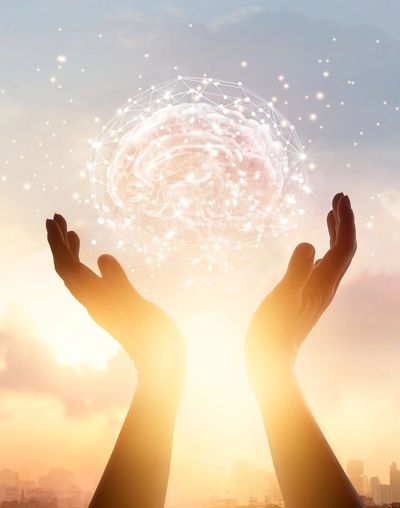 Hands holding illuminated object resembling a brain