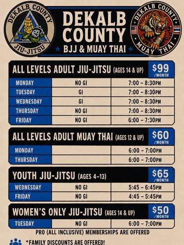 Dekalb County BJJ &amp; Muay Thai class schedule with pricing.