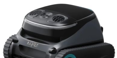 A robotic pool cleaner with a sleek black and gray design.