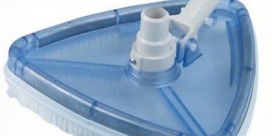 Blue triangular pool vacuum head with white bristles and handle attachment.