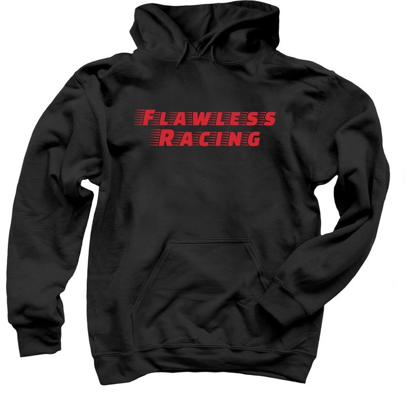 Black hoodie with bold red "Flawless Racing" text on the front.