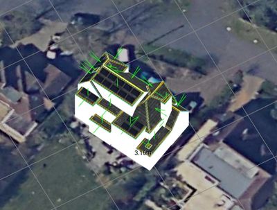 3D solar panel design on UK residential property using aerial imagery, showing panel layout, roof 
