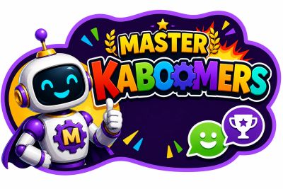 Friendly robot mascot giving thumbs up with Master Kaboomers logo.