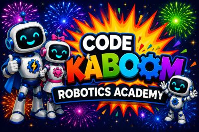 Colorful logo of Code Kaboom Robotics Academy with three happy robots and fireworks.