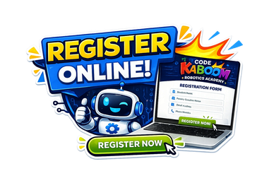 Cartoon robot promoting online registration for Code Kaboom Robotics Academy.