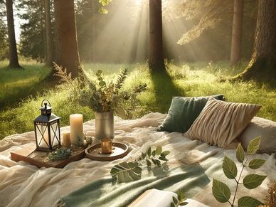 A cozy picnic setup in a sunlit forest with an open book, candles, and soft blankets.