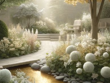 A tranquil garden with a flowing stream, lush flowers, and a wooden chair in soft sunlight.