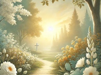 A peaceful forest path with flowers leading to a cross in the sunlight.