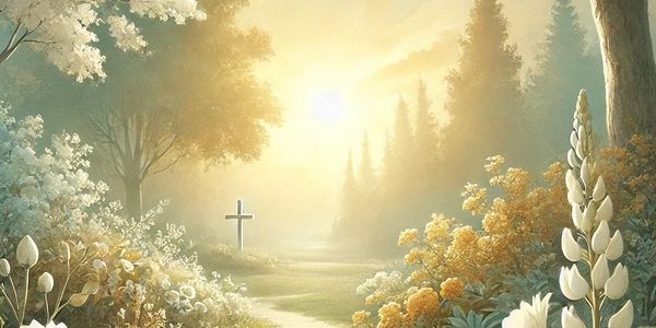 A peaceful forest path with flowers leading to a cross in the sunlight.