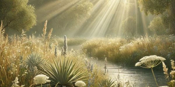 Sunlight streaming through trees over a peaceful river and wildflowers.
