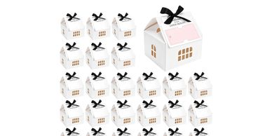 25 pcs Classic House Shaped Gift Boxes with Black Ribbons for Pop-by Gifts and Treats. 