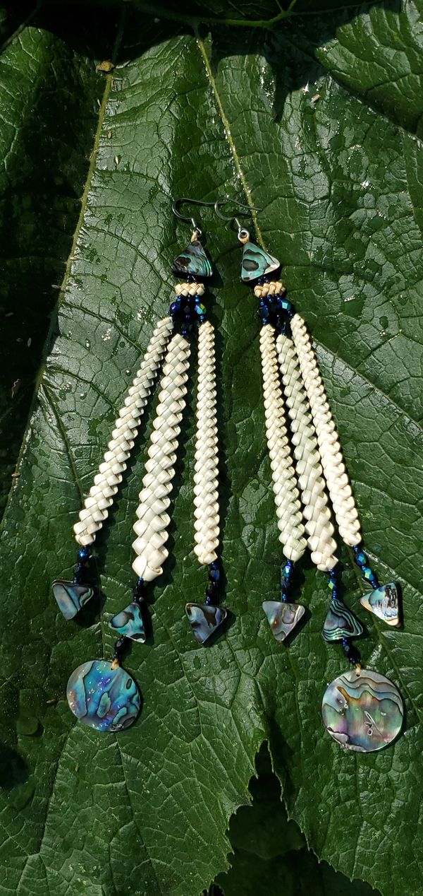 Three strand beargrass and abalone earrings. 