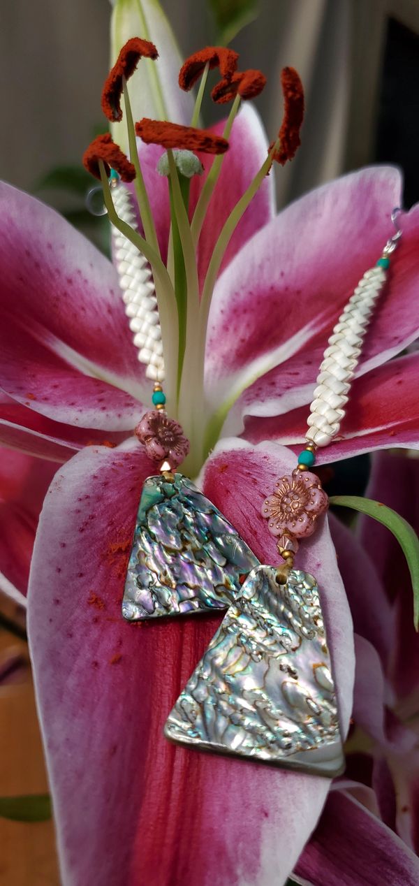 Beargrass and abalone earrings with pink & copper flowers. 