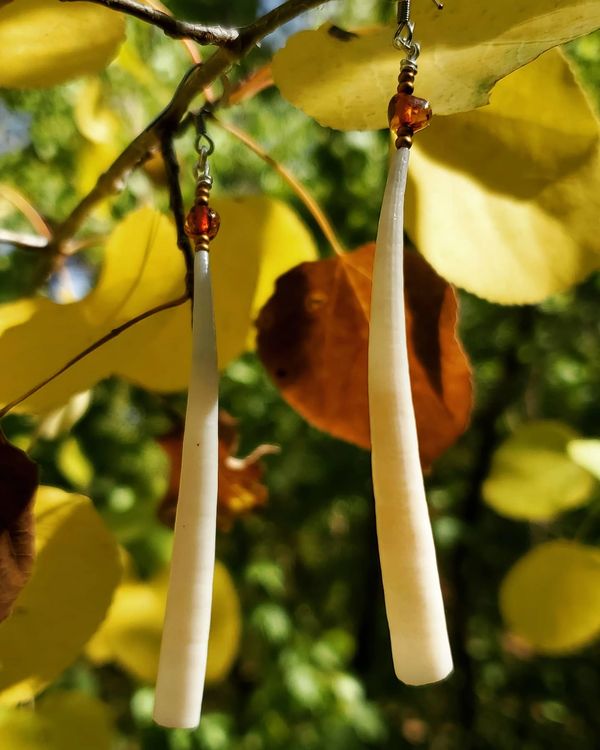 Dentalium shell earrings, topped with some amber. 