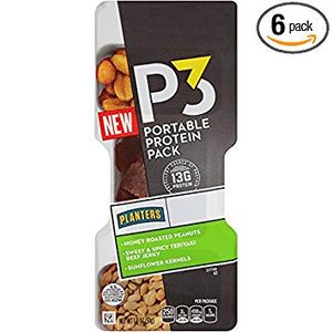 Planters P3 Portable Protein Pack With Honey Roasted Peanuts, Sweet & Spicy Teriyaki Beef Jerky and Sunflower Kernels.