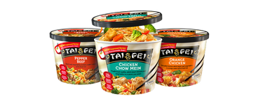Tai Pei Brand Rice Bowls with Chicken. The 3 Flavors Shown are Pepper Beef, Chicken Chow Mein and Orange Chicken. ABC Vending Puts These Products in our Micro Market Machines. 