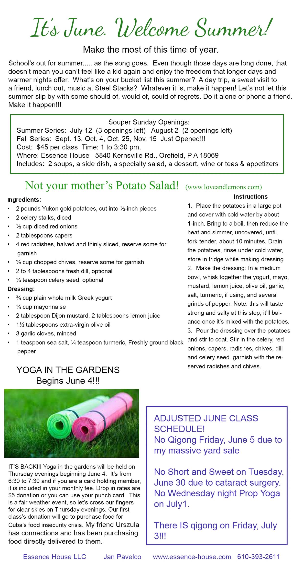 A summer welcome message with potato salad recipe, yoga class info, and updated class schedule.