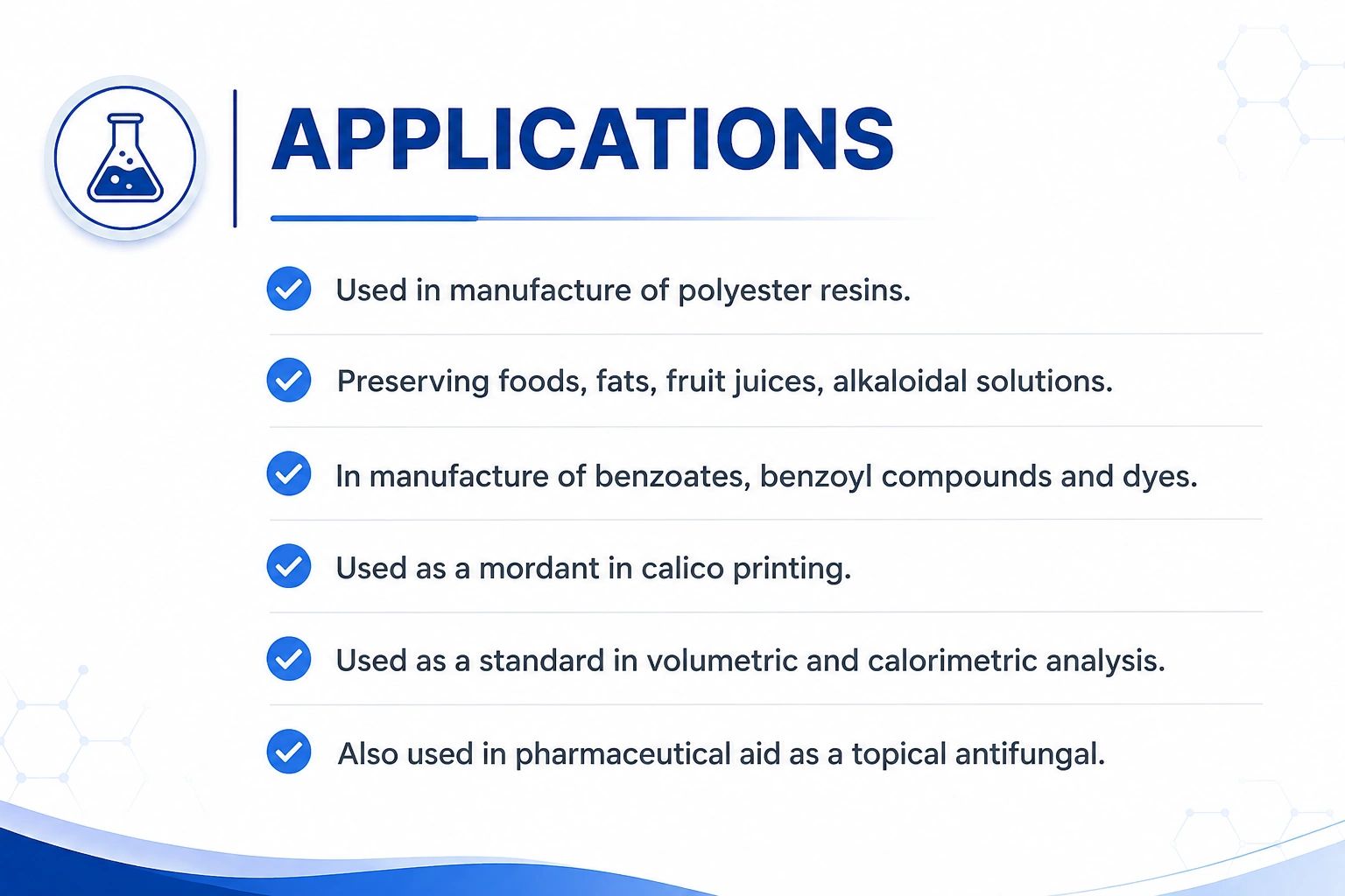 List of diverse chemical applications in manufacturing and pharmaceuticals.