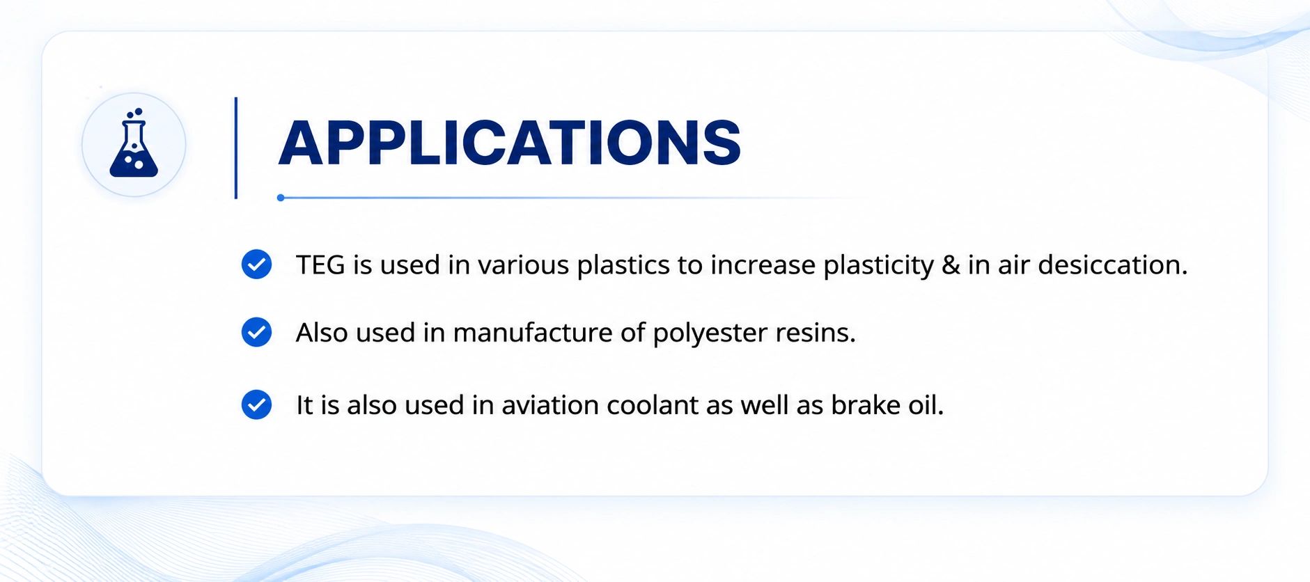 Applications of TEG in plastics, polyester resins, and aviation.